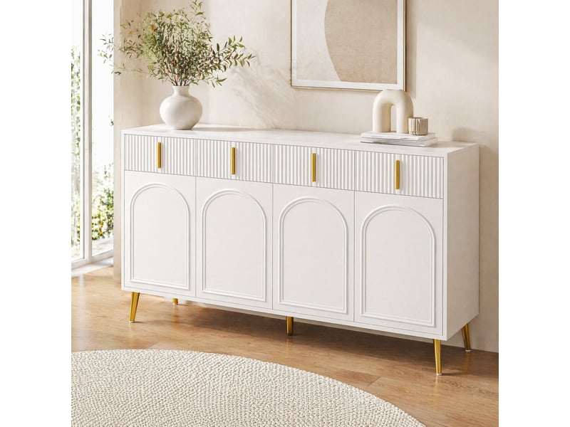Buffet 4 portes et 4 tiroirs en mdf blanc avec détails dorés, 140 x 38 x 82 cm - Conforama B