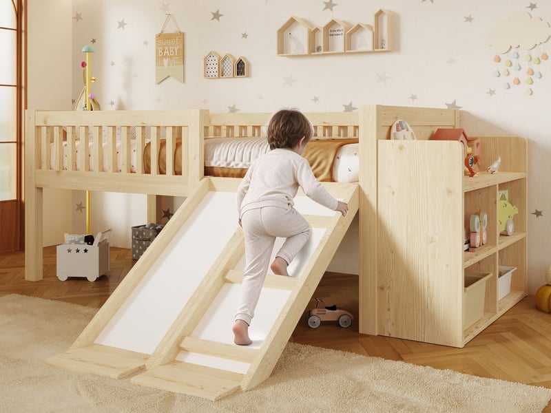  Lit mezzanine pour enfant, 90x200 cm, bois massif, avec toboggan et rangements intégrés, couleur naturelle  - Conforama B