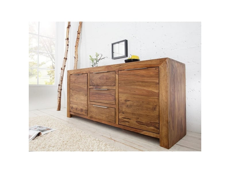 Buffet tavina 135 cm en sheesham massif verni – 2 portes, 3 tiroirs et 4 niches intérieures - Conforama B