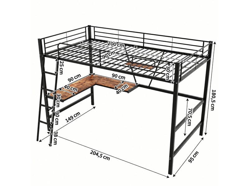  Lit mezzanine 90x200 cm avec bureau en l et étagère, structure en métal noir et mdf pour chambre enfant  - Conforama C