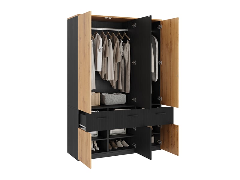  Garde-robe noire et bois, armoire de chambre moderne avec portes battantes, armoire haute 200 cm, 135x50x200 cm  - Conforama W
