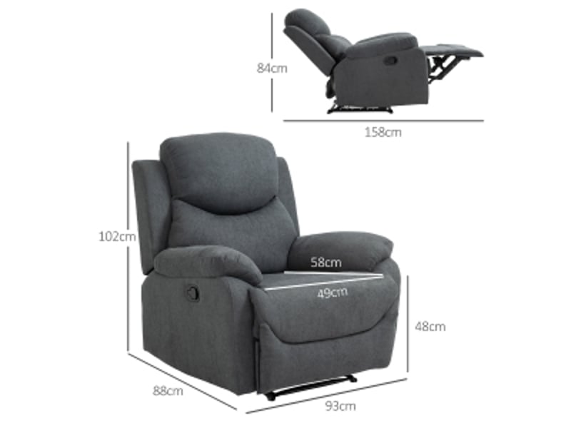 Fauteuil relax inclinable à 150 degrés, gris foncé aspect lin, avec accoudoirs, pour salon et bureau - Conforama C