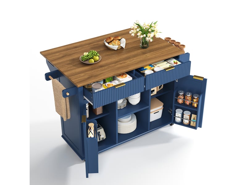 Desserte de cuisine à roulettes avec plateau rabattable, 2 tiroirs, 2 portes, étagères à épices latérales, bleu marron - Conforama A