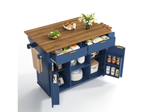 Desserte de cuisine à roulettes avec plateau rabattable, 2 tiroirs, 2 portes, étagères à épices latérales, bleu marron