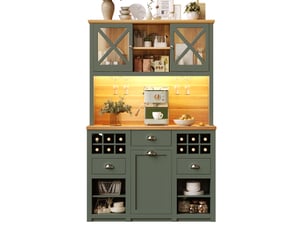 Buffet de cuisine 120x45x188 cm – vert antique – portes vitrées, led, rangements modulables, prises intégrées