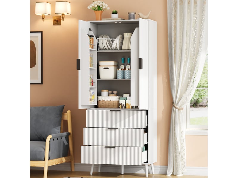  Buffet de cuisine 75x35x180 cm, 2 portes et 3 tiroirs, blanc  - Conforama B