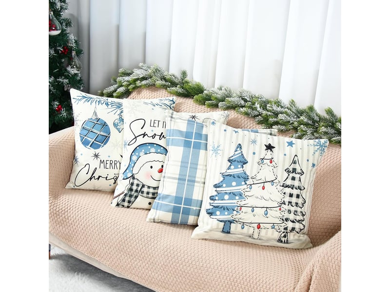  Housses de coussin de noël 45 x 45 cm, 4 pièces, décoration d'intérieur de noël - coussin décoratif de noël en lin bleu et blanc pour coussins de can  - Conforama D