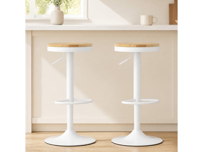  Ensemble 2 tabourets bar réglables, pivotants 360°, acier, repose-pieds, 38,5x38,5x60-80 cm, bois naturel et blanc.  - Conforama C