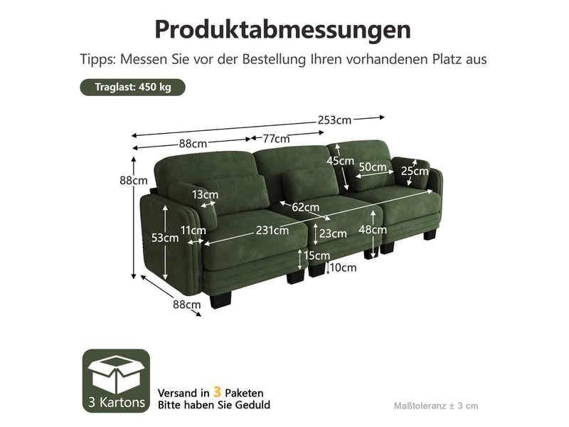  Canapé droit modulaire 3 places 253x88x88 cm, coussins lombaires et accoudoirs, structure bois, chenille vert  - Conforama C