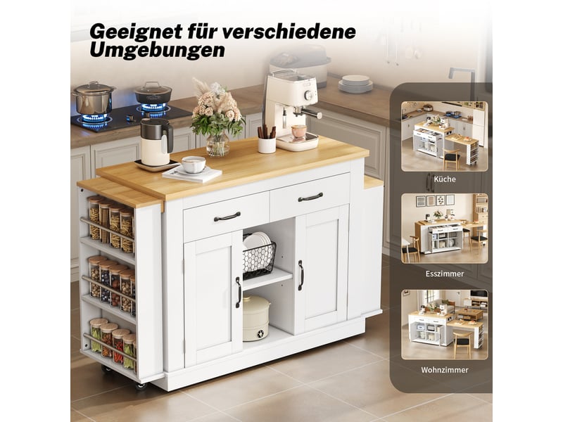  Îlot de cuisine mobile avec double plateau coulissant et prises intégrées - rangement mdf blanc 142 × 55 × 93 cm  - Conforama E