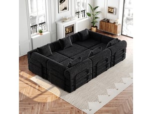 Canapé panoramique xxl modulable - 274x184x70cm - chauffeuse lit chenille, poches rangement, cadre acier - gris foncé