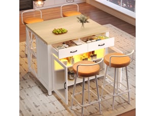 Îlot de cuisine 100x80x90cm avec bande led, plan de travail effet bois, table haute, pieds réglables, blanc