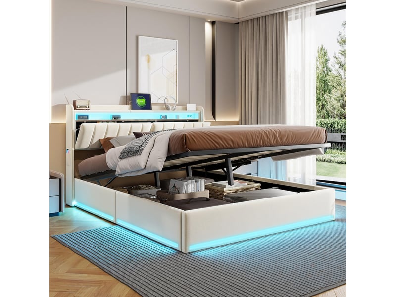 Lit coffre 140x200cm - lit double 140x200 - cadre de lit avec led rgb, tête de lit avec rangement, prise usb type-c - velours gris  - Conforama B