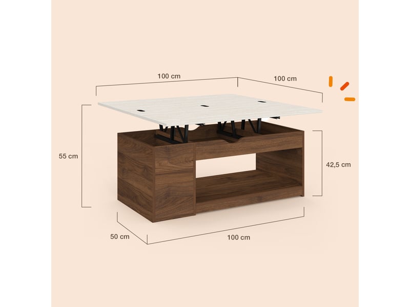 Table basse plateau relevable rectangulaire convertible en table à manger elea 100 cm effet noyer et plateau effet travertin - Conforama D