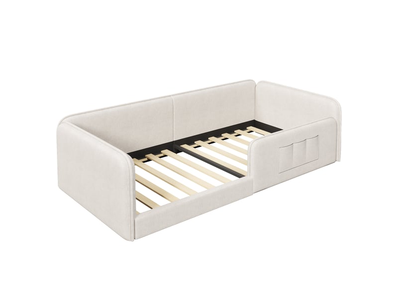  Lit enfant simple 90 × 200 cm avec cadre rembourré et poches latérales, sans matelas, en lin, beige  - Conforama E