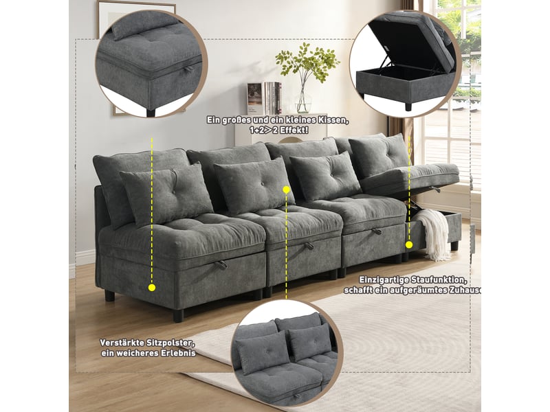  Canapé modulable 4 places convertible avec rangement gris antique  - Conforama C