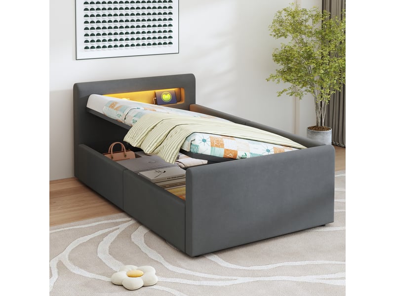 Lit coffre enfant 200×90 cm avec éclairage led, port usb et dossier latéral réversible, en velours gris - Conforama B