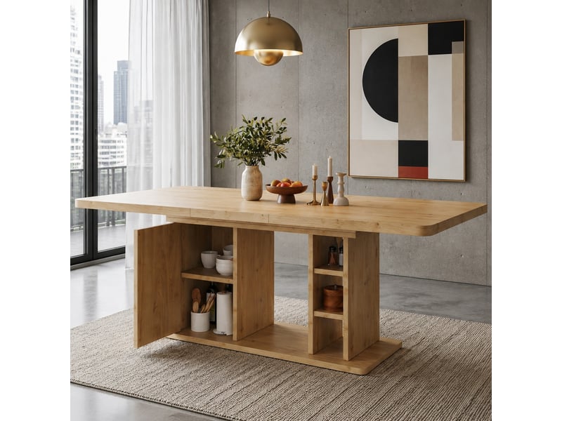 Table à manger extensible 6 à 8 personnes avec rangement, style scandinave, mdf chêne, 140 à 180 × 80 cm - Conforama D