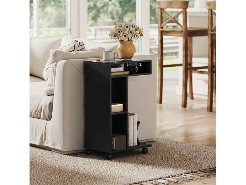  Table d'appoint en c 40x30x69 cm à roulettes 3 compartiments panneau de particules noir  - Conforama B