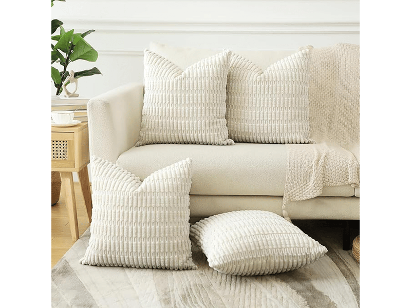  Lot de 4 housses de coussin décoratives en velours côtelé doux 45 x 45 cm, carrées à rayures pour canapé, chambre, ferme, taies d'oreiller de décorat, blanc  - Conforama B