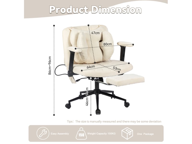  Chaise de bureau pivotante en tissu beige avec repose-pieds, hauteur réglable et soutien lombaire réglable  - Conforama C