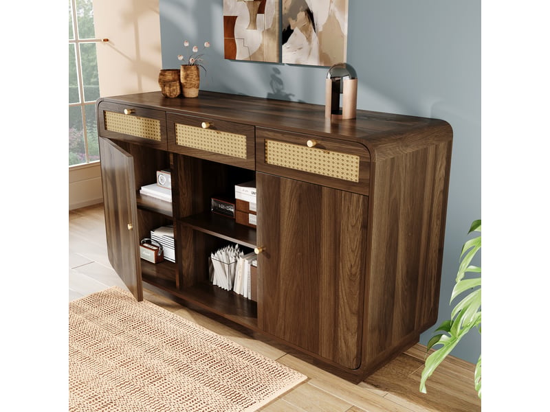 Buffet noyer 120 cm avec 3 tiroirs, 2 portes et étagère ouverte - Conforama D