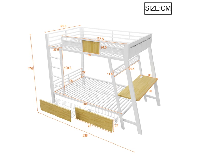  Lit superposé, 90 x 200 cm, mobilier enfant, avec bureau intégré, led, matelas non inclus, mdf et métal, coloris blanc  - Conforama C