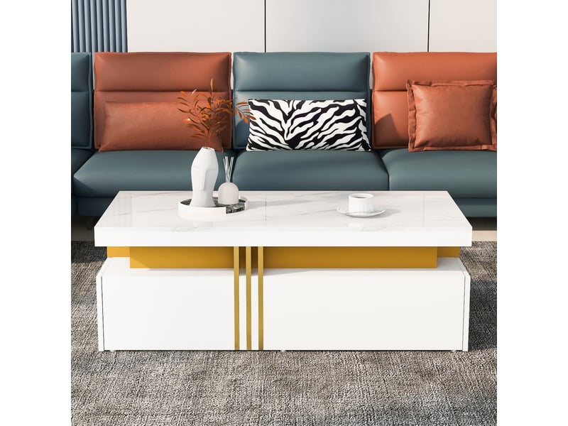  Table basse moderne avec 2 tiroirs et plateau brillant effet marbre pour salon, 100 × 50 × 40 cm  - Conforama C