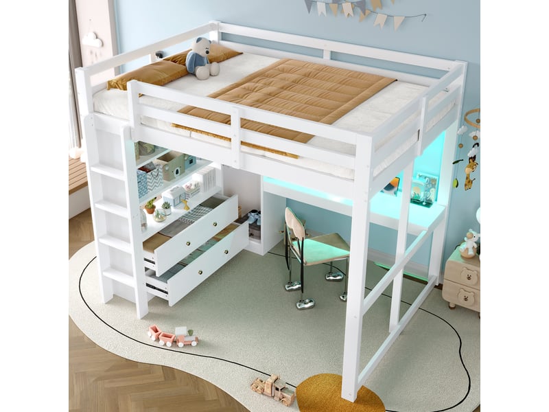  Lit surélevé en bois 140x200 cm blanc, bureau sous le lit, tiroirs, rangements, led et usb  - Conforama E
