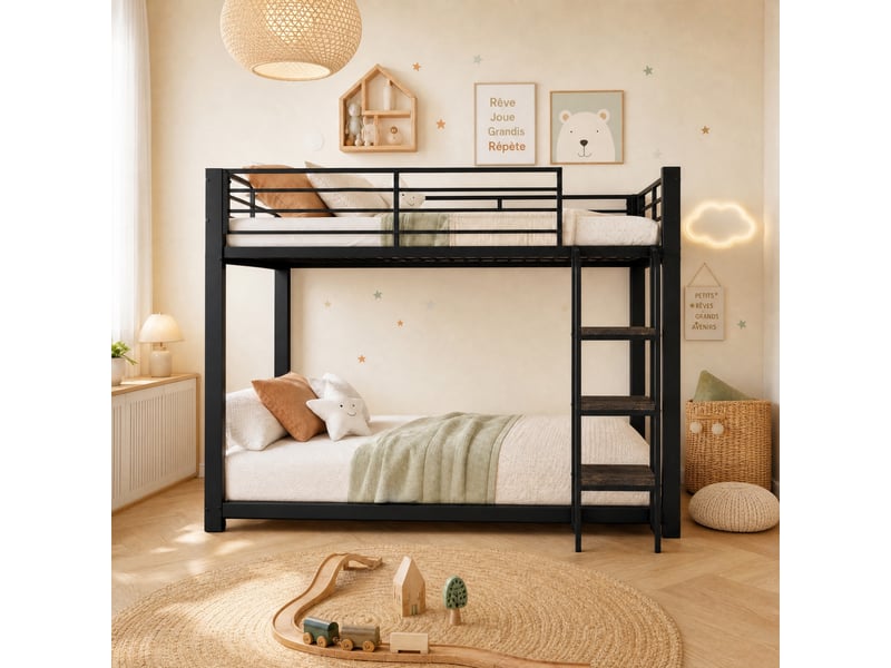  Lits superposés 140 × 200 cm en métal noir, échelle à marches aspect bois IKSETERA TRADING LTD - Conforama D
