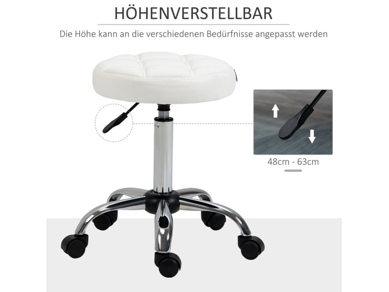  Tabouret roulant 35,5x51-67 cm, pivotant, réglable, avec roulettes, pour bureau et salon de coiffure, similicuir blanc  - Conforama E