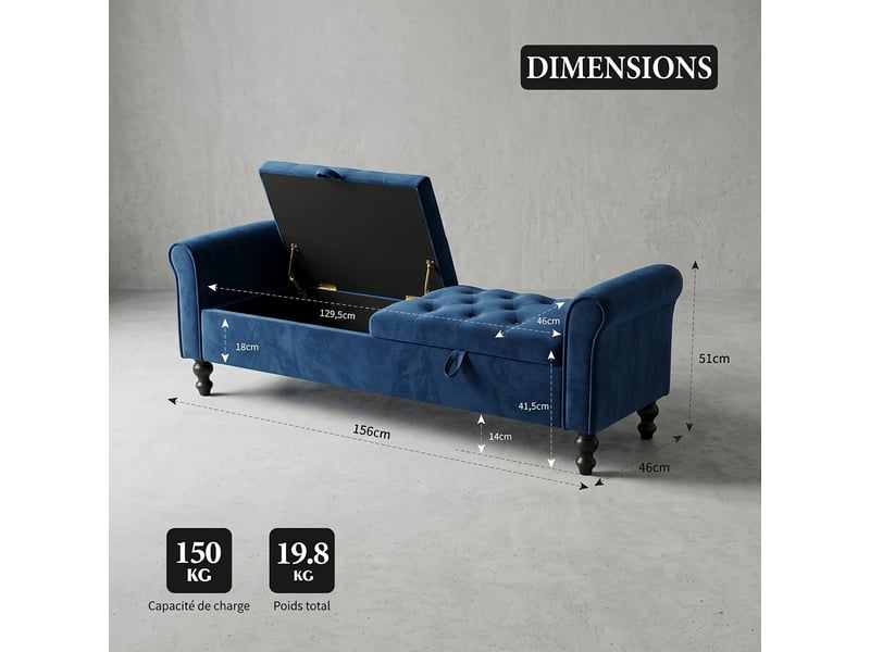  Banc de rangement grège 156 cm en velours avec 2 couvercles et accoudoirs enroulés  - Conforama C