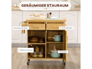 Desserte de cuisine avec 2 tiroirs, 2 étagères ouvertes, 1 armoire et porte-serviettes pour cuisine 84 × 36 × 85 cm