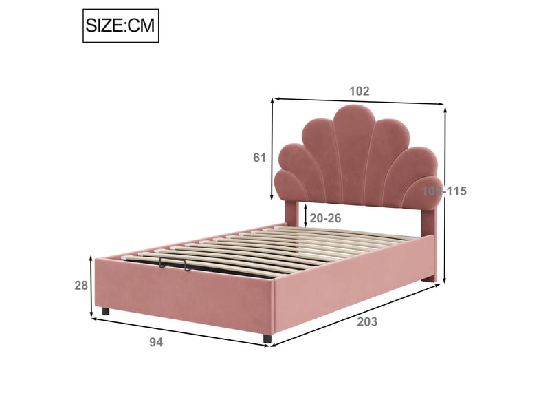 Lit enfant 90x200cm, lit coffre, lit simple, sommier et tête de lit inclus, velours rose, sans matelas - Conforama C
