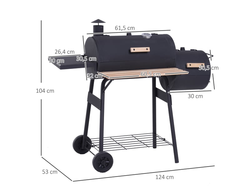  Barbecue au charbon 3-en-1 (fumoir et barbecue) – 124 x 53 x 104 cm – avec thermomètre, roues et étagères en bois – idéal pour pique-nique et camping  - Conforama E