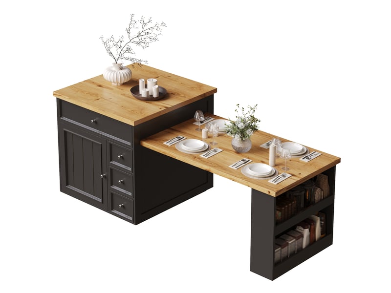  Îlot de cuisine extensible de 120 à 184 cm sur roulettes, 5 tiroirs, noir  - Conforama A