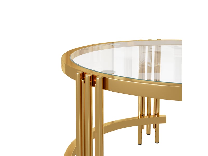  Tables basses gigognes rondes, lot de 2 avec plateaux en verre amovibles et rangement à deux niveaux, doré  - Conforama E