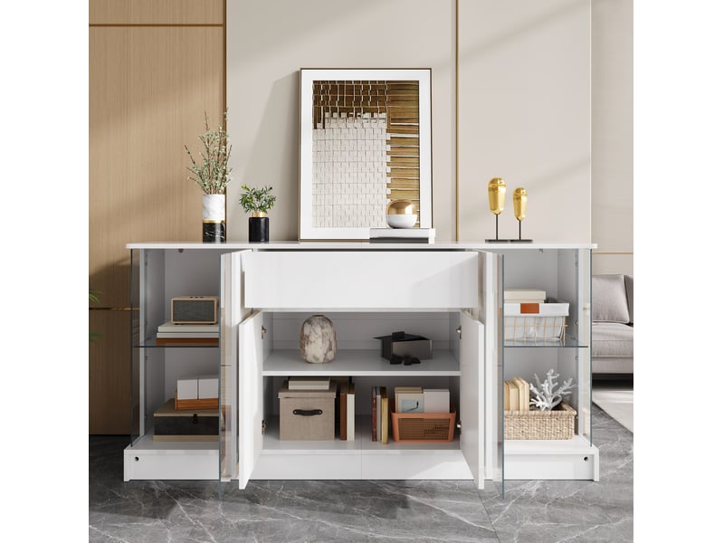  Buffet 150x40x75 cm avec vitrines led, portes et tiroir blanc brillant  - Conforama B