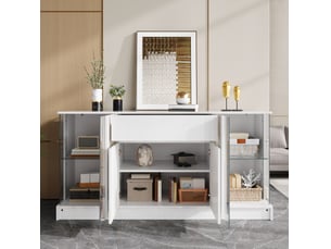 Buffet 150x40x75 cm avec vitrines led, portes et tiroir blanc brillant
