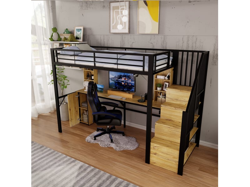  Lit mezzanine 90 x 200 cm avec bureau, rangements, escalier et port usb noir  - Conforama E