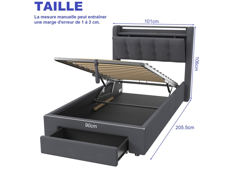  Lit coffre 90x200 cm, led, usb, rangement tête de lit et tiroir intégré  - Conforama C