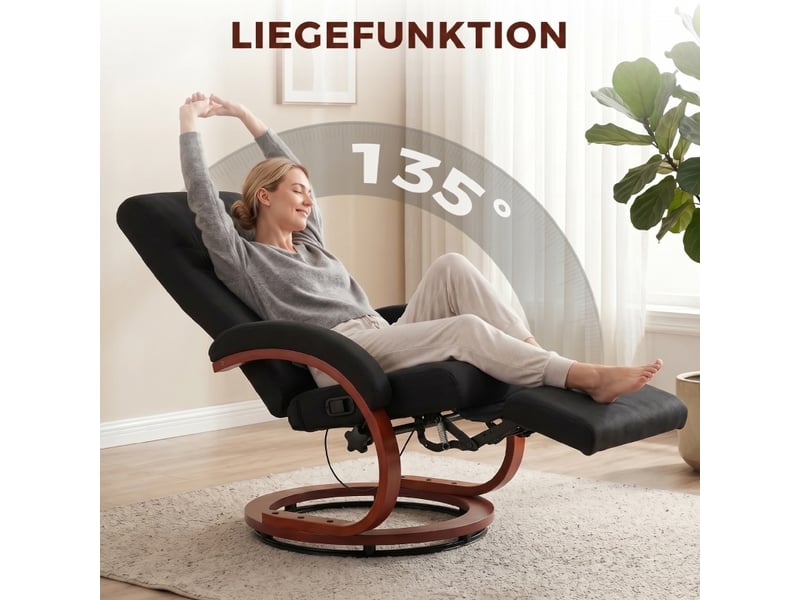  Fauteuil relax manuel 86x68x100 cm dossier inclinable à 135° avec repose-pieds base en bois noir  - Conforama E