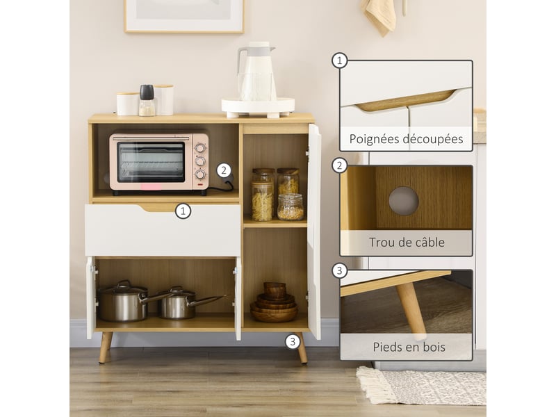  Meuble de rangement cuisine pour micro-ondes, 1 tiroir, 2 placards une étagère, bois et blanc, 90 x 40 x 98,5 cm  - Conforama R