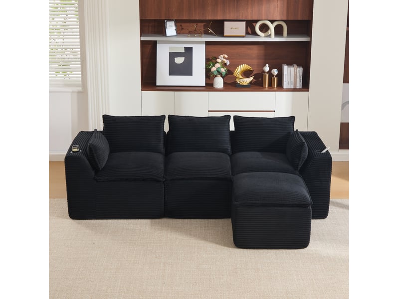  Canapé modulable 3 places modenvie avec pouf, coussins, porte-gobelets et 2 poches latérales, velours côtelé noir  - Conforama D