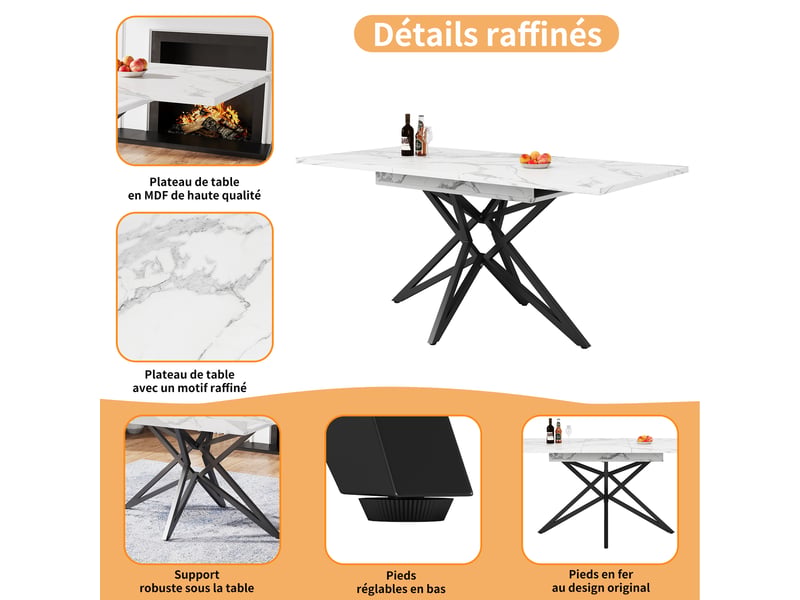 Table à manger extensible 120-160x80x76 cm, plateau effet marbre mdf, blanc, pieds étoile en métal, noir - Conforama D