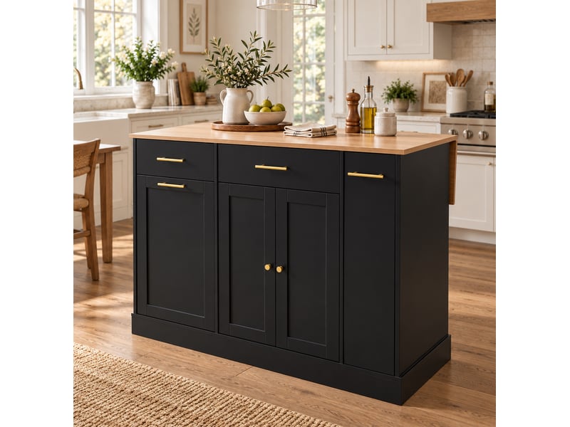  Îlot de cuisine 120x70x91.5 cm noir avec plateau rabattable et 3 tiroirs  - Conforama B