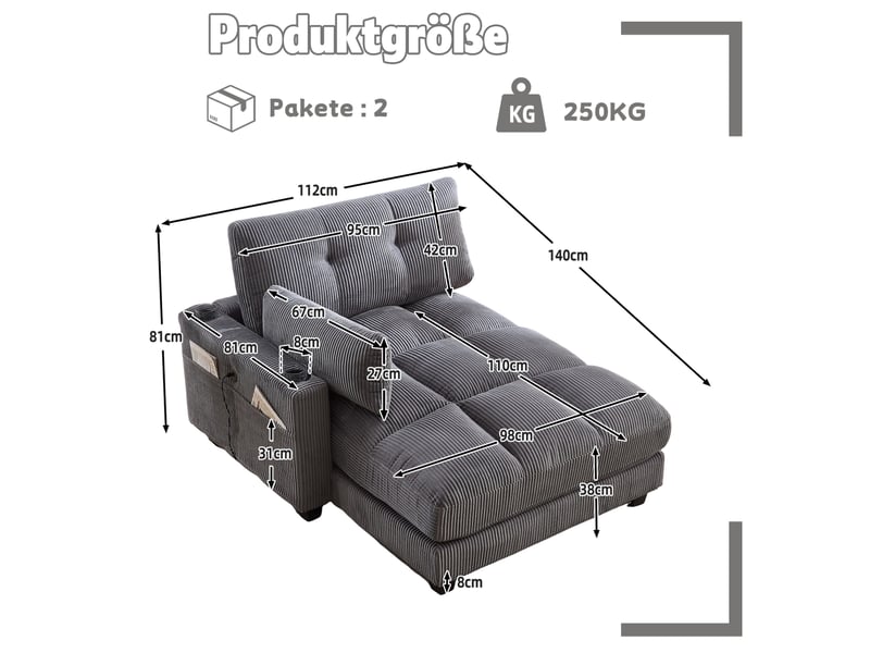  Fauteuil relax 1 place en velours côtelé gris avec usb, porte-gobelets et poche latérale pour se détendre  - Conforama C