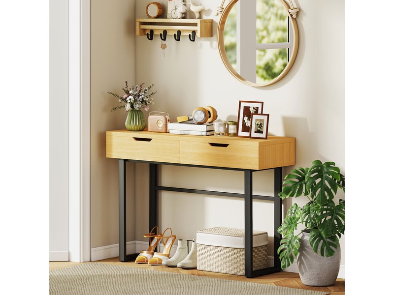  Console étroite à 2 tiroirs, structure en métal, pour entrée, 110 x 35 x 76,5 cm, finition naturelle  - Conforama C