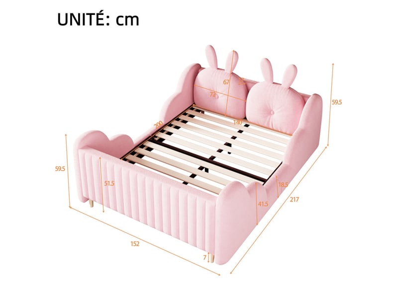  Lit capitonné en velours bouclette, 140 x 200 cm, lit enfant avec des coussins en forme de lapin, rose  - Conforama C