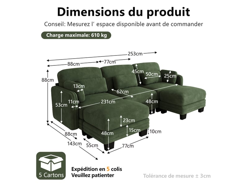  Canapé d'angle modulable panoramique en u 3 places 253x143x88 cm en chenille vert  - Conforama C